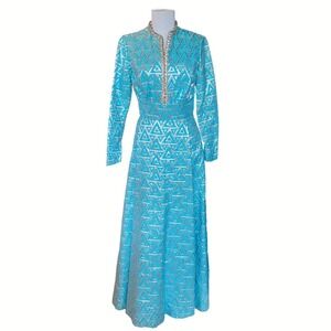 VTG 1960s LILLIE RUBIN Blue Silver Geometric Beaded Formal Maxi Dress SZ 6 Retro